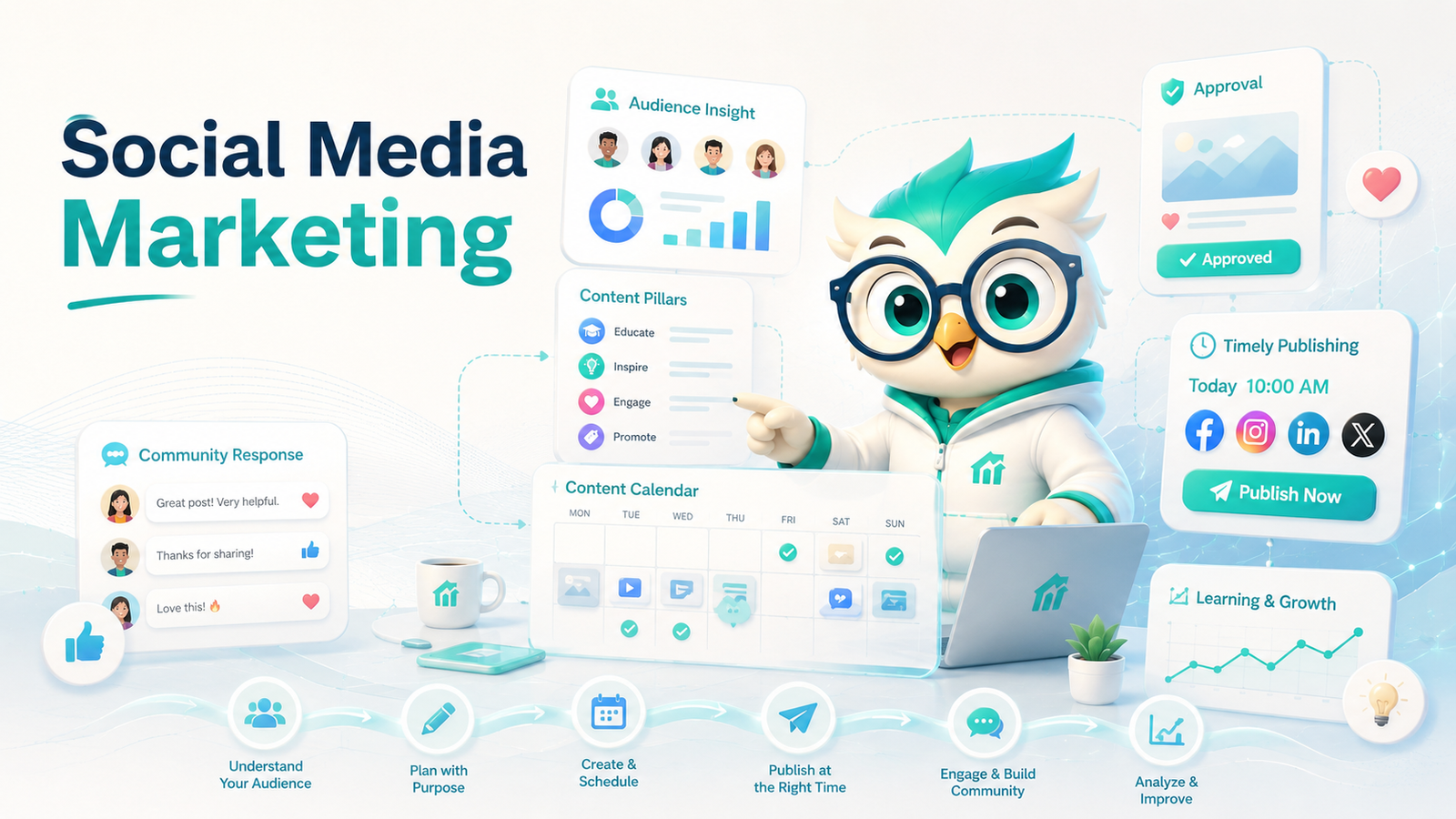 Social media marketing workflow for audience insight, content planning, approval, publishing, community, and learning