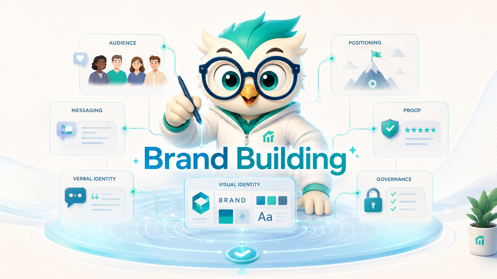 Brand building system connecting audience, positioning, messaging, proof, identity, and governance