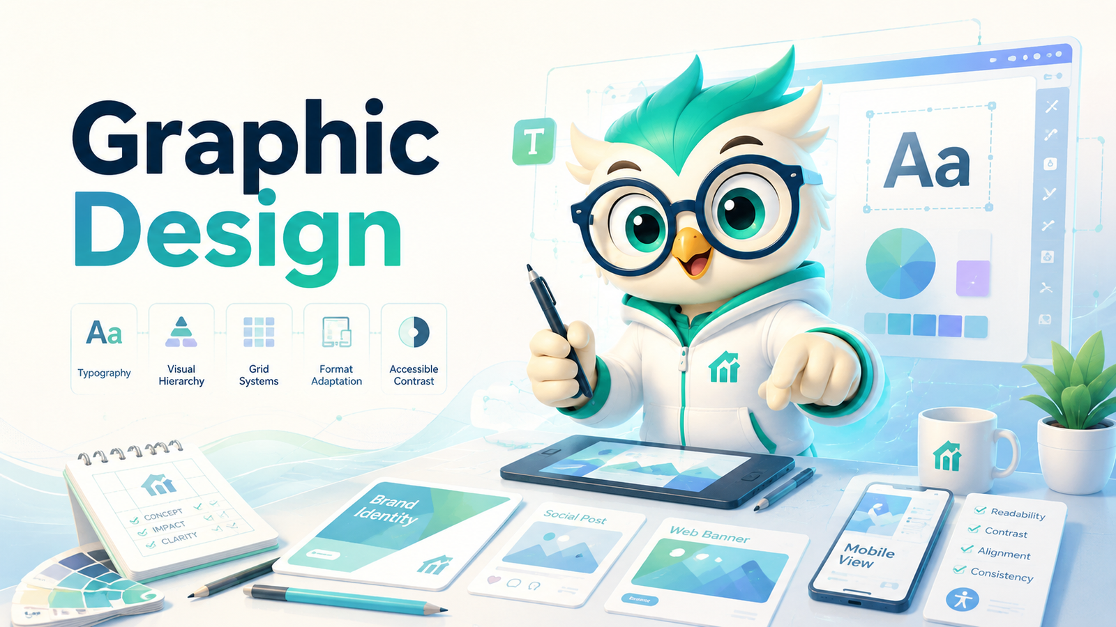 Graphic design system demonstrating typography, hierarchy, grids, contrast, adaptation, and practical deliverables