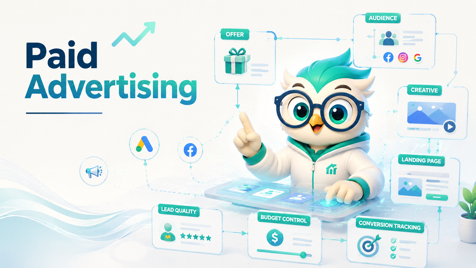 Paid advertising workflow connecting offer, audience, creative, landing experience, budget, tracking, and lead quality