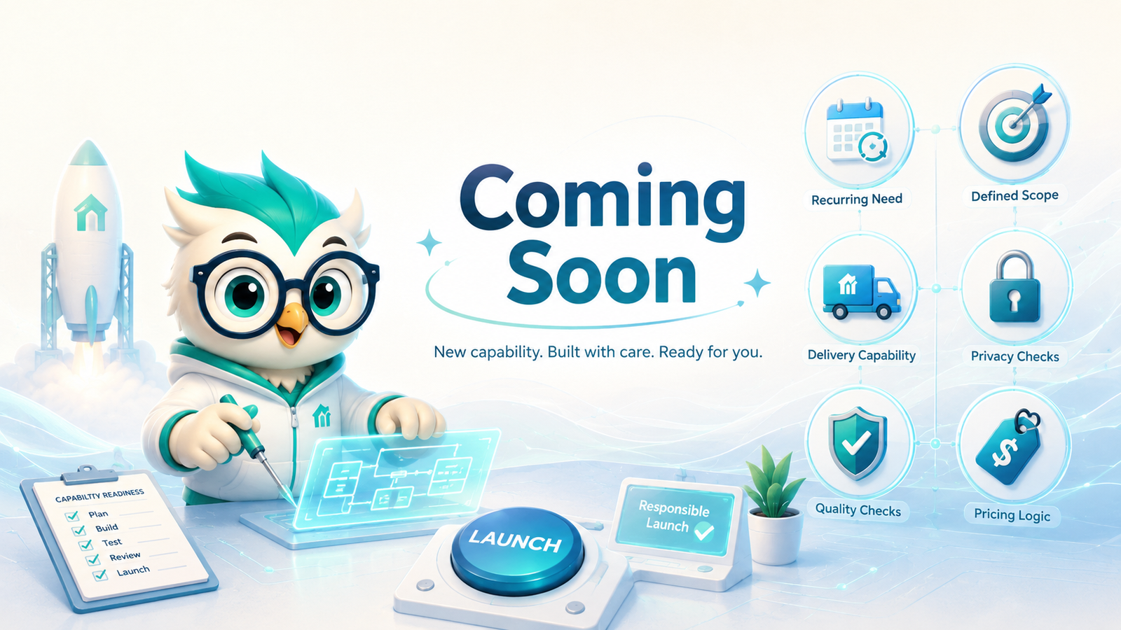 Coming Soon service readiness framework covering demand, scope, delivery, privacy, quality, and pricing