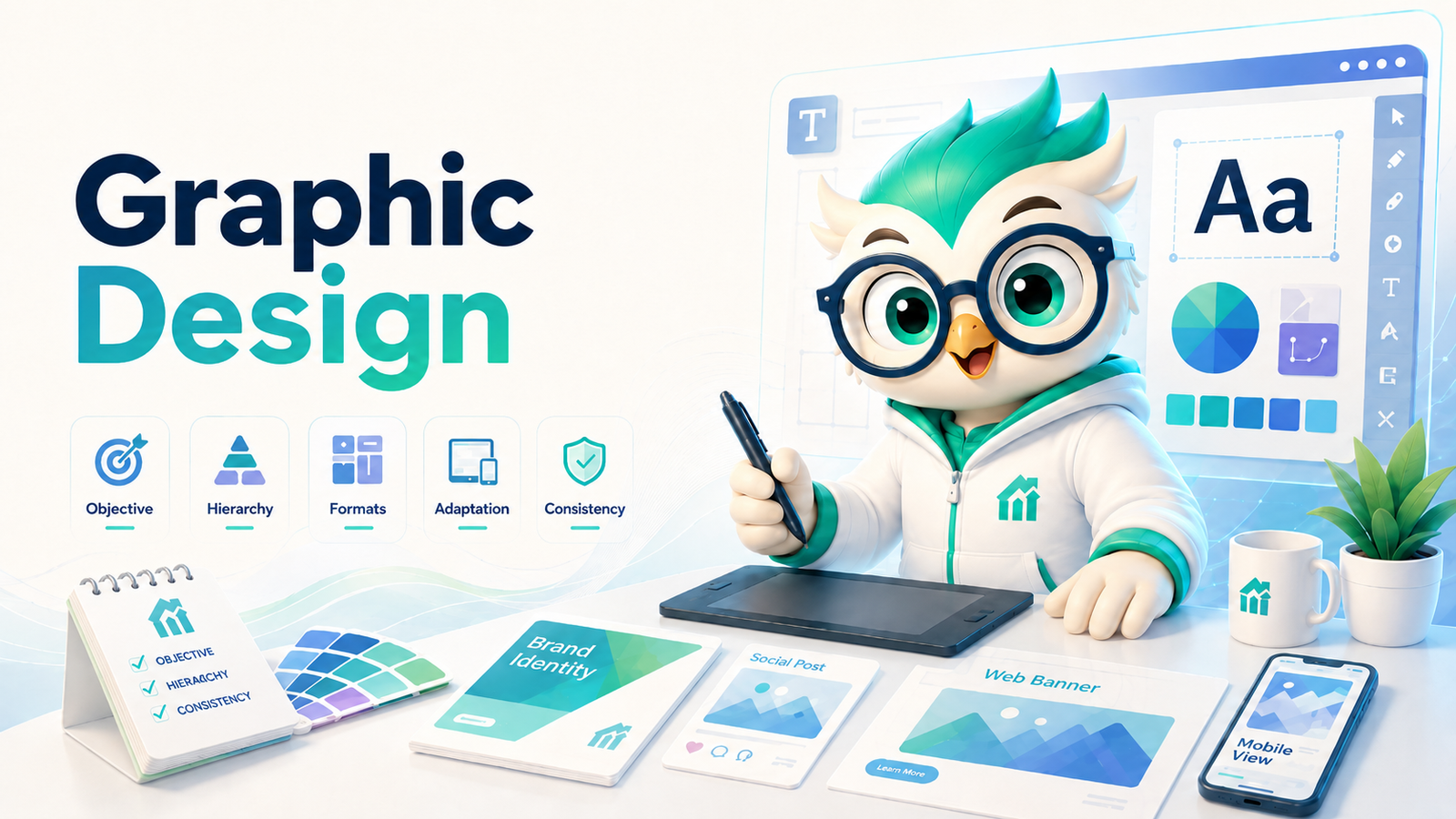 Graphic Design system showing objective, hierarchy, formats, adaptation, and visual consistency