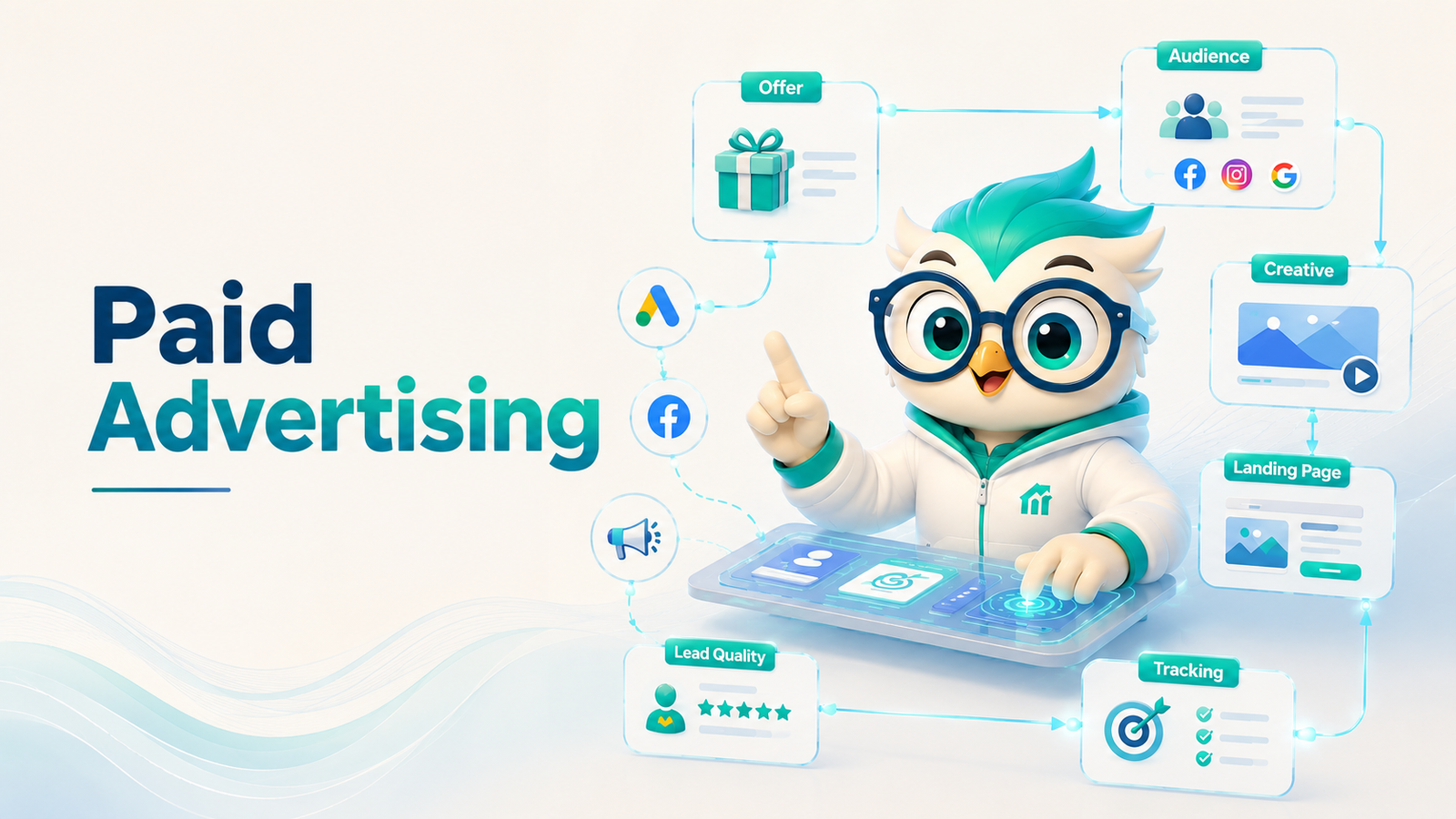 Paid Advertising system connecting offer, audience, creative, landing pages, tracking, and lead quality