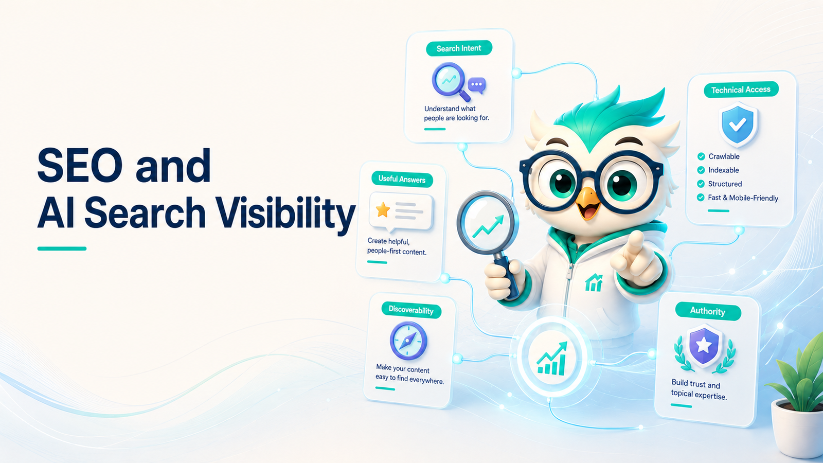 SEO and AI Search Visibility system connecting search intent, useful answers, technical access, discoverability, and authority