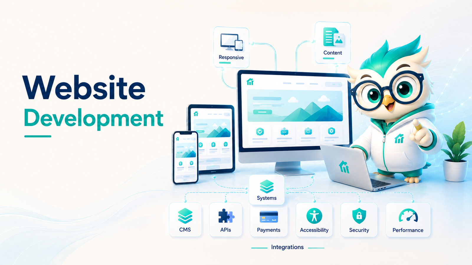 Website Development system showing responsive experiences, content, CMS, APIs, payments, accessibility, security, and performance
